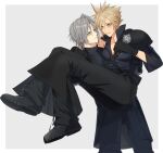  2boys armor black_boots black_coat black_gloves black_pants black_sweater black_vest blonde_hair blush boots bright_pupils carrying cloud_strife coat commentary dutch_angle embarrassed final_fantasy final_fantasy_vii final_fantasy_vii_advent_children final_fantasy_vii_ever_crisis furrowed_brow gloves green_eyes grey_background grey_hair hand_up highres looking_at_another lyell_ff14 male_focus multiple_boys open_mouth pants pauldrons princess_carry sephiroth sephiroth_(ever_crisis) short_hair shoulder_armor simple_background single_pauldron smile spiked_hair sweater time_paradox turtleneck turtleneck_sweater vest waist_cape yaoi 