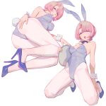  1girl absurdres arimura_mao blue_bow blue_bowtie blue_leotard bow bowtie breasts detached_collar gakuen_idolmaster high_heels highres idolmaster leotard long_hair medium_breasts multiple_views pantyhose pink_hair playboy_bunny purple_eyes ren_huozhe solo white_background white_pantyhose wrist_cuffs 