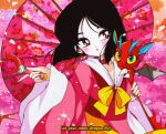  1990s_(style) 1girl :o adapted_costume animification bad_id bad_twitter_id bishoujo_senshi_sailor_moon black_hair blue_eyeliner blunt_ends bob_cut bow bowtie brown_eyes cherry_blossoms chinese_clothes choker cloud collarbone commentary cowboy_shot diamond_brooch diamond_earrings dot_nose dragon dragon_on_shoulder earrings english_commentary english_text expressionless eyeliner eyeshadow fa_mulan_(disney) face_powder faux_retro_artstyle film_grain floral_print hanfu head_tilt holding holding_umbrella holding_wand honeymoonpetal jewelry light_blush light_particles lipstick long_sleeves looking_at_viewer magical_girl makeup mulan_(movie) mushu_(disney) nail_polish oil-paper_umbrella orange_sky outdoors parody parted_bangs parted_lips petals pink_brooch pink_choker pink_eyeshadow pink_hanfu pink_umbrella red_lips red_nails retro_artstyle sailor_collar short_hair sky small_dragon solo sparkle spring_(season) style_parody sunset tree tsurime umbrella umbrella_over_shoulder wand white_sailor_collar wide_sleeves yellow_bow yellow_bowtie 