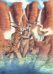0laffson 2025 5_fingers anthro arm_support avian azad_(0laffson) backsack balls biceps biped bird black_pawpads black_spotted_fur black_text blue_eyes blue_sky butt canon_couple canyon caracal caracal_(genus) cariamiform cheek_tuft chest_tuft claws clothing cloud colored crotch_lines desert detailed_background disability discarded_clothing duo ear_piercing ear_ring ear_tuft eye_contact eye_socket facial_scar facial_tuft fangs feathered_crest feathers felid feline finger_claws fingers fur genitals glistening gloves_(marking) grass green_eyes hand_on_partner hand_on_partner&#039;s_head hand_under_chin head_crest hi_res inner_ear_fluff lgbt_pride long_ears looking_at_another love lynx male male/male male_anthro mammal markings missing_eye multicolored_body multicolored_fur navel neck_muscles neck_tuft nude nude_anthro nude_male nur_(0laffson) oasis open_mouth outdoor_nudity outside painting_(artwork) partially_submerged pawpads penis piercing pink_nose plant pool poolside prehistoric_species reflection ring_piercing river rock romantic romantic_couple scar shaded short_tail signature sky slim_anthro slim_male smile snout snout_scar social_nudity soft_abs spots spotted_arms spotted_body spotted_butt spotted_face spotted_feathers spotted_fur spotted_legs spotted_markings spotted_tail striped_back striped_body striped_cheeks striped_fur striped_markings striped_tail stripes tail tail_markings tan_body tan_fur tara_(0laffson) teeth teeth_showing terror_bird text tongue traditional_media_(artwork) tuft ventral_groove water water_drop water_reflection watercolor_(artwork) waterfall white_inner_ear_fluff year