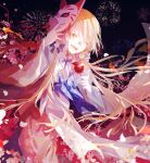  1girl :d absurdres aerial_fireworks arcaea blonde_hair blue_bow blue_bowtie bow bowtie cherry_blossoms fireworks floral_print floral_print_kimono fox_mask hair_bow highres holding_candy_apple japanese_clothes kanae_(arcaea) kimono long_hair long_sleeves looking_at_viewer low_twintails maboroshi_(freeze000) mask mask_on_head night night_sky one_eye_closed open_mouth print_kimono red_kimono sky smile solo twintails very_long_hair waist_bow wide_sleeves yellow_eyes 