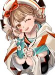  1girl ;d absurdres aqua_shirt banner bicorne black_shoes bow_hairband brown_hair facial_mark from_above full_body hairband hand_up hat highres holding_banner long_sleeves looking_at_viewer official_alternate_costume one_eye_closed open_mouth orange_eyes plaid_hairband qingmiao red_hairband red_vest regulus_(reverse:1999) regulus_(the_fierce_fan)_(reverse:1999) reverse:1999 shirt shoes short_hair smile solo squatting star_(symbol) star_facial_mark v vest white_background white_hat 