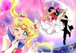  1990s_(style) 1boy 1girl arm_around_neck arm_bow back_bow backless_dress backless_outfit bad_id bad_twitter_id bare_legs bead_bracelet beads bishoujo_senshi_sailor_moon black_bow black_bowtie black_hair black_hat black_pants black_shoes blazer blonde_hair blue_eyes blue_sailor_collar bow bowtie bracelet bright_pupils brooch buttons carrying chiba_mamoru circlet city closed_mouth collared_jacket commentary crescent_moon derivative_work dot_nose double_bun dress dress_pants dress_shirt dress_shoes earrings elbow_gloves english_commentary eyelashes faux_retro_artstyle finger_to_cheek floating floating_clothes floating_hair flower flower_brooch formal_clothes frilled_dress frills gloves gown grey_jacket hair_beads hair_bun hair_ornament hands_on_another&#039;s_shoulders happy hat hat_loss heart hetero high_heels holding holding_mask honeymoonpetal jacket jewelry lapels leotard light_blush light_particles long_dress long_hair long_sleeves looking_at_viewer magical_girl mask masquerade_mask moon multiple_bracelets multiple_views notched_lapels official_style one_eye_closed open_mouth pants pink_background pleated_dress princess_carry red_bow red_bowtie red_flower red_gloves red_rose retro_artstyle rose sailor_collar sailor_moon shirt shoes short_hair short_sleeves smile star_(symbol) star_earrings stiletto_heels tareme tiara top_hat tsukino_usagi tuxedo_kamen twintails very_long_hair white_bow white_dress white_gloves white_leotard white_mask white_pupils white_shirt white_shoes 