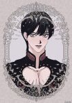  1boy bishounen black_hair border cleavage_cutout closed_mouth clothing_cutout commentary_request earrings eyelashes giorno_giovanna grey_eyes haruno_shiobana heart_cutout high_collar highres jewelry jojo_no_kimyou_na_bouken ladybug_ornament long_bangs looking_at_viewer male_focus ornate_border pectoral_cleavage pectorals portrait runo_ge short_hair signature solo stud_earrings vento_aureo wing_ornament 