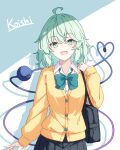  1girl absurdres ahoge alternate_costume bag bow bowtie cardigan character_name collared_shirt commentary_request eyeball green_bow green_bowtie green_eyes green_hair heart heart_of_string highres komeiji_koishi long_hair long_sleeves looking_at_viewer no_headwear open_mouth pioartstuff school_bag school_uniform shadow shirt shoulder_bag smile solo third_eye touhou white_shirt yellow_cardigan 