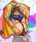 2025 abs absurd_res anthro areola armpit_hair arms_above_head biceps big_muscles body_hair bodypaint bottomwear bracelet chest_hair clothed clothing confetti eyebrows eyes_closed facial_hair felid flag flag_(object) fur happy_trail hi_res holding_flag holding_object jewelry lgbt_pride lgbt_pride_month lion male mammal mane muscular muscular_anthro muscular_male nipples obliques pantherine pants pecs pride_color_flag pride_colors pubes rainbow_pride_colors simple_background sir_arion smile solo stubble teeth thick_arms topless topless_anthro topless_male triceps tuft vincian_pride_colors white_background