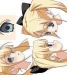  1girl 2000s_(style) bags_under_eyes blonde_hair blue_bow blue_eyes bow colored_eyelashes faux_retro_artstyle hair_bow highres iniooooo long_hair looking_at_viewer multiple_expressions original simple_background tongue tongue_out twintails white_background 