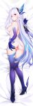  1girl anus armpits ass bandana bed_sheet black_bandana blush boots breasts dakimakura_(medium) dakimakura_(object) elbow_gloves feather_hair_ornament feathers full_body genshin_impact gloves hair_ornament hand_on_own_ass highres kirilenko_(cgd) long_hair looking_at_viewer lying medium_breasts multicolored_hair nipples nude on_bed on_side pillow purple_boots purple_gloves purple_hair pussy_juice pussy_juice_trail skirk_(genshin_impact) solo streaked_hair teeth thigh_boots thighhighs thighs torn_clothes torn_thighhighs very_long_hair white_hair 