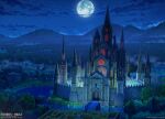  3d architecture arsenixc building castle cloud commentary_request copyright_name copyright_notice defensive_wall drawbridge english_commentary flower fog forest fountain full_moon gothic_architecture hedge_maze highres landscape mixed-language_commentary moon moonlight nature night night_sky nikki_(series) no_humans official_art red_flower reflection reflective_water river scenery shining_nikki sky star_(sky) starry_sky tower window 