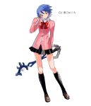  1girl aqua_(kingdom_hearts) black_skirt blue_eyes blue_hair blush brown_shoes choker cosplay english_commentary highres holding holding_weapon keyblade kingdom_hearts long_sleeves looking_at_viewer persona persona_3 pleated_skirt red_ribbon ribbon shoes short_hair skirt sweatdrop takeba_yukari takeba_yukari_(cosplay) toyoguchi_megumi voice_actor_connection weapon white_background yomyompi 