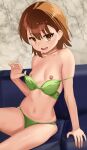  1girl arm_support bikini bikini_top_pull breasts brown_eyes brown_hair commentary green_bikini hair_between_eyes looking_at_viewer meruru1247 misaka_mikoto navel nipples open_mouth pulling_own_clothes short_hair sitting small_breasts smile solo swimsuit toaru_kagaku_no_railgun toaru_majutsu_no_index 