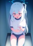  1girl blue_archive blue_buruma blue_halo blush breasts buruma commentary_request gym_shirt gym_uniform halo hand_on_own_stomach highres holding holding_pregnancy_test implied_pregnancy indoors long_hair miyako_(blue_archive) on_toilet open_mouth pregnancy_test purple_eyes shirt short_sleeves sitting solo thighs toilet tongue white_shirt yu-ta 