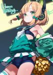  1girl animal_ear_headphones animal_ears artist_name bike_shorts blonde_hair blue_archive bow breasts cat_ear_headphones commentary_request fake_animal_ears green_bow green_eyes green_halo hair_bow halo headphones highres holding holding_pom_poms looking_at_viewer midori_(blue_archive) pom_pom_(cheerleading) puddinghomhom short_hair small_breasts solo standing thighhighs thighs white_thighhighs 