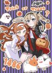  2girls ? absurdres alternate_costume bat_(animal) bird black_cape black_hairband black_shoes black_shorts blue_eyes blush bright_pupils bucket candy cape center_frills dog dress duck fangs fangs_out food frills full_body ghost green_eyes grey_hair hairband halloween_bucket halloween_costume halo highres holding holding_bucket leaning_forward legs_up lollipop long_dress long_hair matilda_bouanich multiple_girls neck_ribbon one_side_up orange_hair purple_background red_ribbon reverse:1999 ribbon sanjuqing&#039;an shirt shoes shorts sonetto_(reverse:1999) sweat swirl_lollipop trick_or_treat vertical-striped_background white_dress white_hairband white_pupils white_shirt 