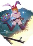  1girl absurdres animal_ears basket bikini black_bikini black_gloves black_thighhighs breasts easter easter_egg egg elbow_gloves english_commentary fake_animal_ears from_above full_body gloves grass grin headband highres holding long_hair looking_at_viewer medium_breasts orange_hair purple_eyes rabbit_ears reefling_(stronny_cuttles) second-party_source shadow simple_background sitting smile solo strapless strapless_bikini stronny_cuttles stuffed_toy swimsuit thighhighs twintails vallure virtual_youtuber waltz_w_me wariza white_background 