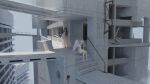  2girls absurdres airfish_(lefko_d) angel angel_wings barefoot black_hair building dress grey_hair highres long_hair multiple_girls original scenery sitting stairs white_dress wings 