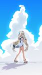  1girl absurdres ahoge animal_ears blonde_hair blue_eyes blue_hair blue_sky cat_ears cloud dress fins fish_girl fish_tail food highres holding holding_food holding_popsicle indie_virtual_youtuber k_einosuke long_hair looking_at_viewer multicolored_hair open_mouth popsicle sameko_saba sandals short_shorts shorts sky sleeveless sleeveless_dress smile solo streaked_hair tail very_long_hair virtual_youtuber white_dress white_shorts 