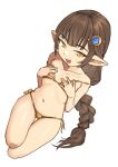  1girl bikini braid brown_hair flat_chest gold_bikini granblue_fantasy haaselia hands_on_own_chest harvin highres long_hair looking_at_viewer navel open_mouth orange_eyes pointy_ears side-tie_bikini_bottom simple_background smile solo strap_slip swimsuit thigh_gap white_background yggsil 