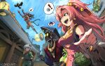  1boy 1other 5girls a-shuo_(zenless_zone_zero) anby_demara animal_ears bangboo_(zenless_zone_zero) bead_necklace beads belle_(zenless_zone_zero) billy_kid bird black_bird black_gloves black_hair black_hat blue_hair breasts burger cat_ears cat_tail china_dress chinese_clothes cleavage clothing_cutout dog dress earrings eating elbow_gloves fingerless_gloves food gloves green_eyes hair_ornament hairclip hat hedrick_art highres holding holding_burger holding_food humanoid_robot jewelry ju_fufu jumping mole mole_on_breast mole_under_eye multiple_girls multiple_tails necklace nekomiya_mana nicole_demara outdoors pink_hair robot robot_boy short_hair smile speech_bubble spiked_hair tail thought_bubble tiger_ears tiger_girl tiger_tail two_tails underboob_cutout white_hair yellow_eyes zenless_zone_zero 
