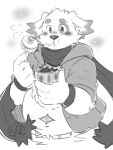  1boy animal_ears belly blowing blush body_markings bracelet claws colored_tips commentary_request cu_sith_(housamo) dog_boy dog_ears dog_nose fat floppy_ears food fork furry furry_male gegegenomin greyscale holding holding_food holding_fork jacket jewelry looking_at_food male_focus monochrome multicolored_hair open_clothes open_jacket plump puff_of_air scarf steam tokyo_afterschool_summoners upper_body 