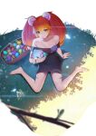  1girl absurdres barefoot basket black_dress breasts dress easter easter_egg egg english_commentary from_above full_body grass highres holding long_hair looking_at_viewer medium_breasts off-shoulder_dress off_shoulder orange_hair purple_eyes reefling_(stronny_cuttles) second-party_source shadow simple_background sitting solo stronny_cuttles stuffed_toy toes twintails vallure virtual_youtuber waltz_w_me wariza white_background 