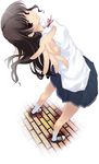  akari_maki brown_eyes brown_hair foreshortening hands original outstretched_arm reaching school_uniform smile solo 