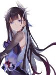  1girl black_hair commentary dress earpiece earrings from_side hair_ornament highres honkai:_star_rail honkai_(series) hysilens_(honkai:_star_rail) jewelry looking_at_viewer looking_to_the_side multicolored_dress purple_eyes saint_laurent_paris simple_background solo symbol-only_commentary white_background 