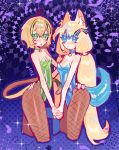  2girls alternate_costume animal_ear_fluff animal_ears black_pantyhose blonde_hair blue_collar blue_eyes blue_leotard breasts cleavage collar collarbone dooby_(vtuber) fins fish_girl fish_tail fishnet_pantyhose fishnets green_collar green_eyes green_leotard hand_on_another&#039;s_hip holding_hands indie_virtual_youtuber leotard long_hair looking_at_viewer mouse_girl mouse_tail multiple_girls nontraditional_playboy_bunny open_mouth pantyhose sameko_saba short_hair small_breasts sparkle star_(symbol) strapless strapless_leotard tail tuiffff twintails virtual_youtuber 