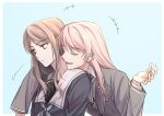  2girls arm_around_shoulder bang_dream! bang_dream!_it&#039;s_mygo!!!!! black_shirt blue_background blue_eyes brown_hair chihaya_anon closed_eyes closed_mouth collared_shirt commentary_request crimppp77 grey_jacket hand_up haneoka_school_uniform head_on_another&#039;s_shoulder highres jacket korean_commentary long_hair multiple_girls nagasaki_soyo open_mouth pink_hair school_uniform shirt simple_background smile tsukinomori_school_uniform upper_body white_shirt yuri 