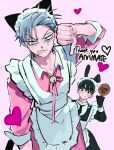  2boys alien_stage animal_ears apron bell black_dress black_eyes black_gloves black_hair black_necktie blush cat_ears commentary_request crossdressing dress frilled_apron frills gloves green_eyes grey_hair heart highres holding holding_sign ivan_(alien_stage) korean_commentary maid maid_headdress male_focus multiple_boys neck_bell necktie official_alternate_costume official_art pink_background pink_dress pink_ribbon rabbit_ears ribbon second-party_source short_hair sign simple_background thank_you thumbs_down till_(alien_stage) very_short_hair vivinos white_apron 