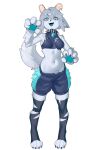  1girl :3 :d alternate_species animal_collar animal_ear_fluff animal_ears animal_feet animal_hands animal_nose arm_up armpits bare_shoulders bell belt belt_buckle belt_collar black_belt black_collar black_thighhighs blue_eyeliner blue_eyes blue_shirt blue_shorts blue_tongue body_fur braid breasts breasts_apart brown_horns buckle claw_pose collar colored_tongue commentary crop_top cropped_shirt cross-shaped_pupils crown_braid curled_fingers curled_horns digitigrade double-parted_bangs ears_down english_commentary eyebrows_hidden_by_hair eyeliner fake_claws fangs finger_claws fluffy_tail full_body fur-trimmed_shorts fur_trim furrification furry gloves grey_hair grin hair_between_eyes hair_flaps half-closed_eyes halloween halloween_costume hand_up highres horns invisible_floor karassawa knees legs_apart long_eyelashes long_sidelocks looking_at_viewer makeup medium_breasts midriff multicolored_eyes narrowed_eyes navel neck_bell no_shoes original paw_gloves pawpads pigeon-toed pink_eyes sheep_ears sheep_girl sheep_horns shirt short_hair shorts sidelocks simple_background single_hair_intake sleeveless sleeveless_shirt smile smirk solo spiked_collar spikes standing stomach straight-on symbol-shaped_pupils tail tail_raised thick_eyebrows thick_eyelashes thighhighs thighs tight_top toe_claws toeless_legwear torn_clothes torn_shirt torn_thighhighs turtleneck turtleneck_shirt two-tone_eyes two-tone_shorts v-shaped_eyebrows white_background white_fur white_tail wide_hips wolf_girl wolf_paws wolf_tail 