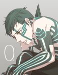  1boy black_shorts body_markings countdown curled_up demi-fiend full-body_tattoo glowing_tattoo green_hair grey_background horns male_focus shin_megami_tensei shin_megami_tensei_iii:_nocturne short_hair shorts single_horn solo tattoo topless_male watabashi_yf yellow_eyes 