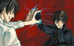  black_gloves black_hair black_jacket blue_eyes darker_than_black dual_persona electricity fighting gloves hei jacket male male_focus multiple_persona red_background shirt white_shirt 