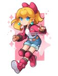  1girl blonde_hair blue_eyes boots bow denim denim_shorts earrings fingerless_gloves gloves hair_bow highres jacket jewelry knee_pads long_hair mario_(series) mario_kart mario_kart_world open_clothes open_jacket pink_boots pink_bow pink_jacket ponytail princess_peach princess_peach_(touring) sandragh shirt shoe_soles shoes shorts solo sphere_earrings 