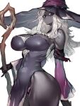  1girl bare_shoulders black_dress black_skin breasts cameltoe cleavage colored_eyelashes colored_skin covered_nipples dark-skinned_female dark_skin dress elden_ring elden_ring_nightreign fumio_(rsqkr) hat hat_over_eyes hat_over_one_eye highres holding huge_breasts large_breasts large_hat long_hair looking_at_viewer narrow_waist navel purple_hat purple_sleeves recluse_(elden_ring) simple_background solo thick_thighs thighs very_dark_skin white_background white_eyelashes white_hair wide_hips witch witch_hat wooden_staff 