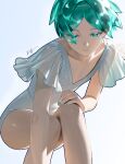  1girl absurdres aqua_eyes aqua_hair closed_mouth collarbone flat_chest frilled_one-piece_swimsuit frills highres houseki_no_kuni looking_down one-piece_swimsuit phosphophyllite short_hair sitting solo swimsuit white_background white_one-piece_swimsuit wuhe2233pz 