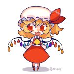  1girl ascot blonde_hair chibi crystal crystal_wings fang flandre_scarlet full_body hat hat_ribbon highres looking_at_viewer mob_cap nailao open_mouth puffy_short_sleeves puffy_sleeves red_eyes red_skirt red_vest ribbon shirt short_hair short_sleeves side_ponytail simple_background skirt smile solo touhou vest white_background wings yellow_ascot 