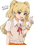  1girl baba_arumi blonde_hair commentary_request fang green_eyes idolmaster idolmaster_cinderella_girls jougasaki_rika long_hair looking_at_viewer open_mouth skirt smile solo two_side_up upper_body v vest 