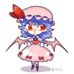  1girl ascot bat_wings blue_hair bow chibi dress full_body hat hat_ribbon highres looking_at_viewer mob_cap nailao pink_dress pointy_ears puffy_short_sleeves puffy_sleeves red_ascot red_eyes remilia_scarlet ribbon short_hair short_sleeves simple_background solo standing touhou white_background wings 