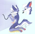 absurd_res anthro bathroom bodily_fluids canid canine confusion drinking drinking_urine fox fur genital_fluids genitals hi_res living_urinal male male/male mammal open_mouth paws peeing penis pink_ears public_restroom purple_body purple_fur riko_(tidnex) solo tidnex urinal urine urine_in_mouth urine_on_face watersports wet wet_body wet_fur yellow_eyes