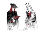  2boys aleph_(reverse:1999) black_cape black_hat black_shirt cape charon_(reverse:1999) coat covered_face cracked_mask dog_tags flower gloves grey_coat hat holding holding_dog_tags holding_notebook holding_scalpel hui_mieo merlin_(reverse:1999) multiple_boys notebook poppy_(flower) red_flower red_gloves red_hair reverse:1999 scissors shirt thorns tool_kit upper_body veil watermark weibo_watermark white_background white_flower white_gloves white_mask white_veil 