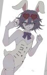  1boy animal_ears bare_shoulders bow bowtie commentary danganronpa_(series) danganronpa_v3:_killing_harmony detached_collar eyewear_on_head flipped_hair grey_background hair_between_eyes hands_up heart heart-shaped_eyewear highres leotard licking_lips looking_at_viewer male_focus muted_color oma_kokichi pectoral_cleavage pectorals playboy_bunny purple_bow purple_bowtie purple_eyes purple_hair rabbit_boy rabbit_ears rabbit_tail short_hair simaenaga_v3 simple_background smile solo sunglasses tail thigh_strap tongue tongue_out trap unfinished upper_body white_background white_leotard 