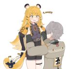  1boy 1girl @_@ animal_ears black_gloves black_shirt black_shorts blonde_hair blush collared_shirt colored_inner_hair commentary_request cropped_jacket elbow_gloves fingerless_gloves gloves green_eyes heartbee highres jacket ju_fufu korean_commentary korean_text lifting_person long_hair looking_at_another multicolored_hair official_alternate_costume open_clothes open_jacket open_mouth shirt short_hair shorts simple_background smile streaked_hair tail tail_wagging thigh_strap tiger_ears tiger_girl tiger_tail translation_request very_long_hair wavy_mouth white_background wise_(soaring_crane)_(zenless_zone_zero) wise_(zenless_zone_zero) yellow_jacket zenless_zone_zero 