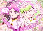  2girls artist_logo bare_shoulders black_gloves blonde_hair bloom blowing_kiss blunt_bangs braid choker cure_kiss cure_zukyuun dress earrings elbow_gloves finger_gun finger_gun_to_head floral_background flower frilled_dress frilled_sleeves frills gloves gradient_hair green_hair hair_ornament hair_ribbon hair_wings half_gloves heart_frame idol jewelry kamikita_futago kimi_to_idol_precure logo long_hair mature_female meroron_(human_form) multicolored_hair multiple_earrings multiple_girls musical_note musical_note_hair_ornament one_eye_closed open_mouth parted_bangs pearl_earrings pink_flower pink_hair pink_lips precure puffy_dress puffy_short_sleeves puffy_sleeves purirun_(human_form) purple_eyes red_eyes ribbon ribbon_choker ribbon_trim short_sleeves twin_braids twintails upper_body white_flower white_gloves wing_hair_ornament 