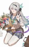  1girl bag black_hairband black_ribbon blue_sailor_collar bouquet brown_bag enqiddo firefly_(honkai:_star_rail) firefly_(spring_missive)_(honkai:_star_rail) gradient_hair grey_hair grey_pupils grey_skirt hair_between_eyes hair_intakes hair_ornament hair_ribbon hairband handbag highres holding holding_bouquet honkai:_star_rail honkai_(series) kneeling long_hair long_sleeves multicolored_eyes multicolored_hair open_mouth pleated_skirt ribbon sailor_collar simple_background skirt smile solo teeth thighhighs two-tone_eyes upper_teeth_only v white_background white_sleeves white_thighhighs 