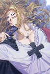  1boy basil_hawkins card closed_mouth gunjo_shizuko holding holding_card long_hair lying male_focus on_back one_piece shirt shoulder_pads solo upper_body white_shirt 