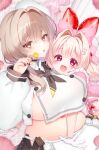  17ho_10ban 2girls absurdres apron black_nails black_neckerchief bow bready_(nikke) brown_hair candy chef_hat crust_(nikke) food food-themed_hair_ornament gloves goddess_of_victory:_nikke hair_ornament hat highres hug lollipop looking_at_viewer multiple_girls neckerchief open_mouth parted_lips pink_bow plump rabbit_hair_ornament red_eyes shirt strawberry_hair_ornament white_apron white_gloves white_hat white_shirt 