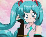  1990s_(style) 1girl aqua_eyes aqua_hair aqua_nails aqua_necktie bad_id bad_twitter_id bare_shoulders bishoujo_senshi_sailor_moon black_sleeves breast_pocket closed_mouth collared_shirt commentary detached_sleeves dot_nose english_commentary english_text eyelashes fake_screenshot faux_retro_artstyle film_grain floating_hair grey_shirt hair_ornament hand_on_headphones happy hatsune_miku headphones honeymoonpetal lace-trimmed_shirt lace_background lace_trim light_blush long_hair long_sleeves looking_at_viewer nail_polish necktie parody pink_background pocket retro_artstyle shirt sleeveless sleeveless_shirt sleeves_past_wrists smile solo sparkle style_parody tareme twintails upper_body very_long_hair vocaloid wind 