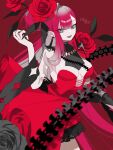  1girl absurdres baobhan_sith_(fate) baobhan_sith_(fgo_fes._2025)_(fate) bare_shoulders breasts cleavage dress earrings fate/grand_order fate_(series) flower grey_eyes highres jewelry koma315ht large_breasts long_hair looking_at_viewer open_mouth pink_hair pointy_ears red_dress rose sidelocks smile solo 