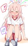  1girl ^^^ bare_arms bare_legs blush bulge erection erection_under_clothes full_body futanari gym_shirt gym_uniform hand_on_own_knee highres kazura male-female_symbol mars_symbol nervous_sweating nose_blush onii-chan_wa_oshimai! open_mouth oyama_mahiro panties pantyshot precum precum_through_clothes red_shorts shirt shoes short_sleeves shorts sitting socks solo spoken_mars_symbol surprised sweat underwear upshorts white_panties white_shirt 